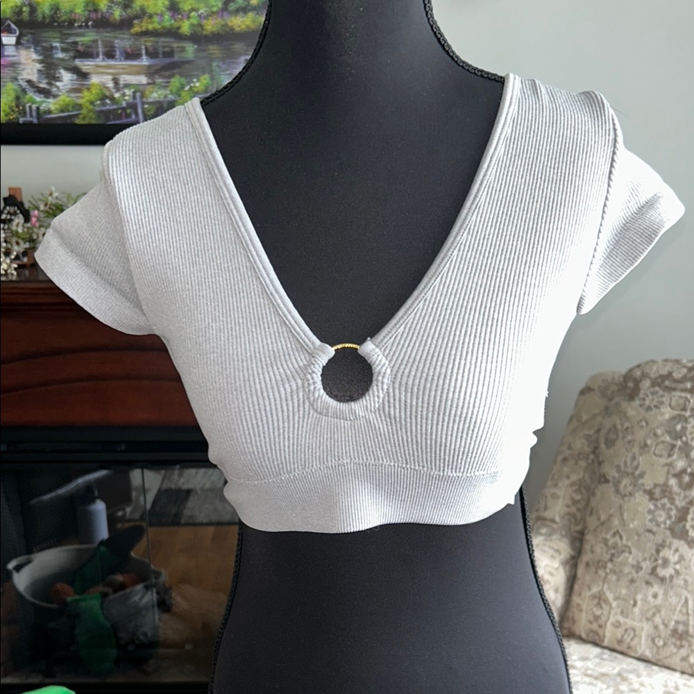 Aerie Light Gray Ribbed Crop Top with Gold Ring